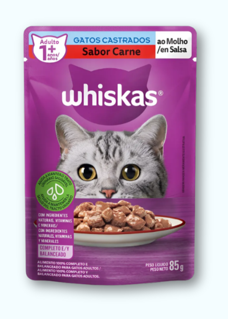 Pack Ração Úmida Whiskas para Gatos Adultos Castrados Sachê Carne ao Molho, 85g