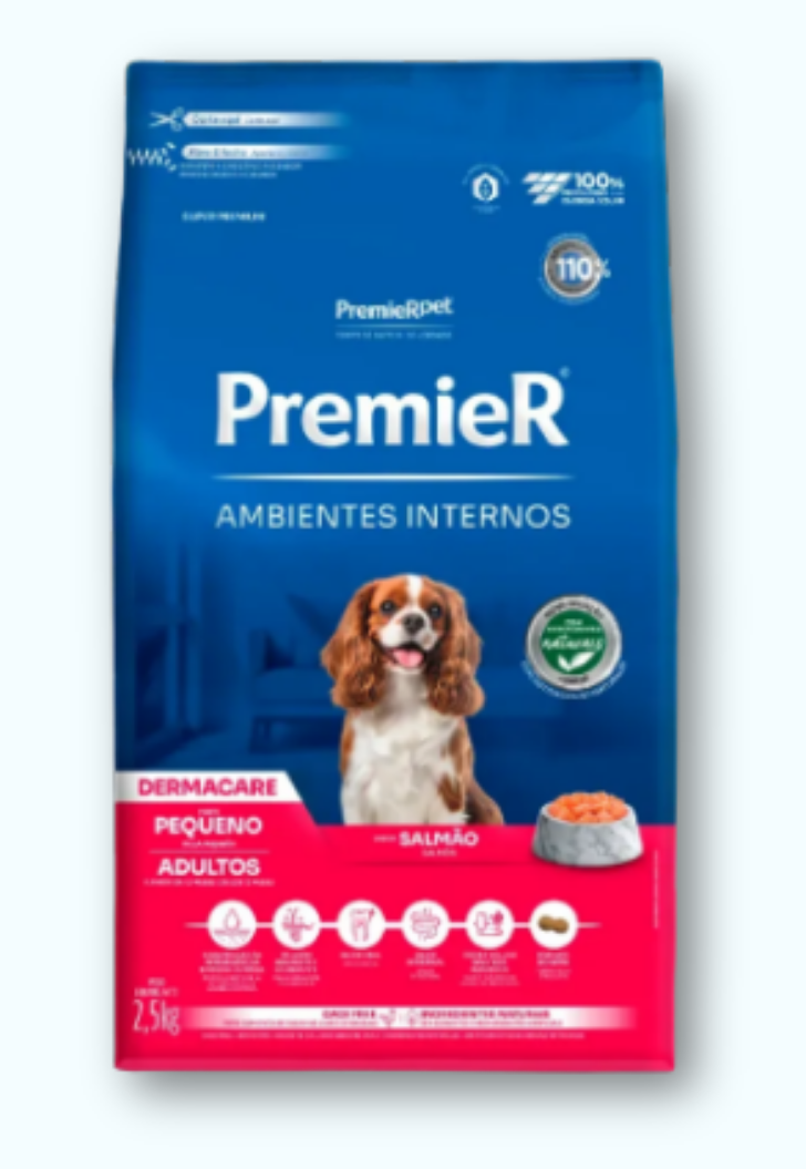 Ração Premier Ambientes Internos Dermacare Cães Adultos Raças Pequenas Salmão 2,5 kg