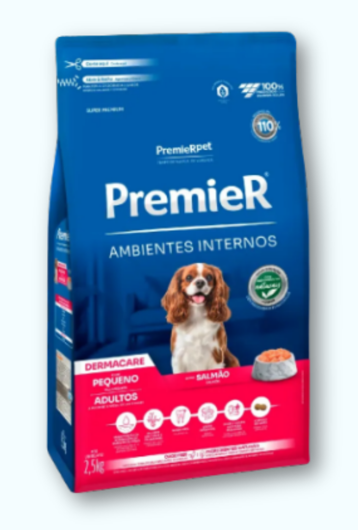 Ração Premier Ambientes Internos Dermacare Cães Adultos Raças Pequenas Salmão 2,5 kg - Imagem 2